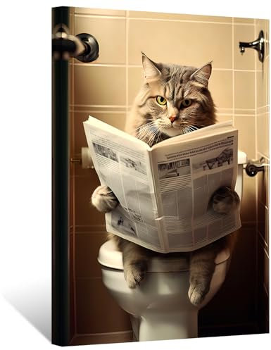 ZXHYWYM Funny Bathroom Wall Art Cat Reading Newspaper on Toilet Poster Prints Cute Animal Canvas Picture for Toilet Restroom Wall Decor Framed(Cat, (12.00 x 18.00))