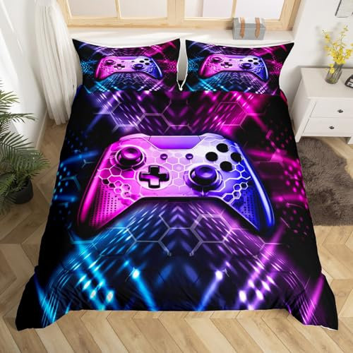 Geometric Gamepad Duvet Cover King Size,Modern Gamer Comforter Cover with 2 Pillowcase for Teens Adults,Kids Blue Pink Neon Bedding Set,Video Games Breathable 3 Pieces Decorative Bed Cover