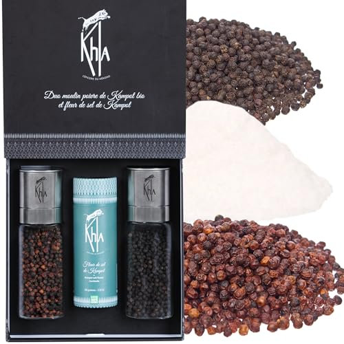 Khla - Set de Pimientas y Sal de Kampot - Molinillos de Pimienta Negra Orgánica, Pimienta Roja y Fleur de Sel - Rara & Grands Crus - Set Regalo con Molinillos Recargables - Origen Camboya