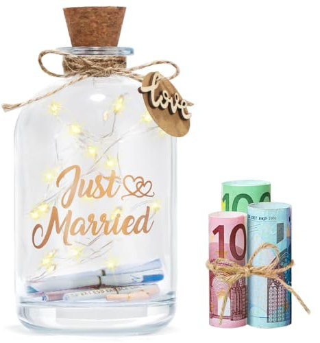 LED Flaschenlicht Hochzeit, Geldgeschenke Hochzeit Verpackung, Hochzeitskasse Spardose, Verpackung Geldgeschenk Spruch Just Married, Geschenkideen Geld Leuchtflasche für Brautpaar Frisch Verliebte