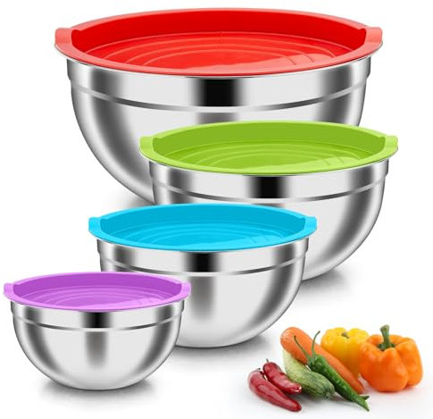 Onader Rührschüssel 4er Set, Edelstahl Schüssel mit Luftdichtem Deckel, Salatschüssel Set zum Kochen, Backen, Spülmaschinenfest & Stapelbar, 4,5L/ 3L/ 1,5L/ 1,2L - Bunt