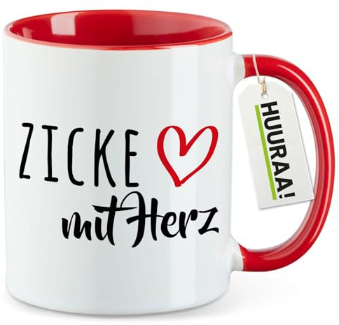 Huuraa Kaffeetasse Zicke mit Herz Geschenk | Motivtasse 330ml Rot Keramik Tasse mit Spruch Kaffeebecher Geschenkidee Becher mit Motiv