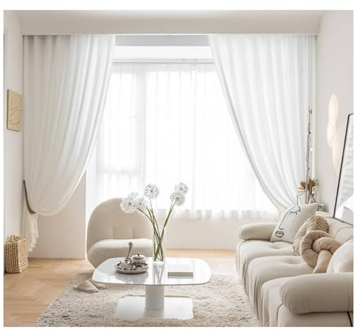 Tende con ganci per binario, traslucide, set da 2 pezzi, moderne, tinta unita, con motivo a strisce, 132 x 274 cm, semitrasparenti, per cucina, soggiorno, cameretta dei bambini, colore bianco