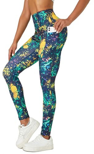 Evievit Yoga Gym Laufhose Sportleggins Sporthose Sport Leggings Damen 3/4 mit Taschen Lang Blickdicht High Waist Bunt,Grün,M