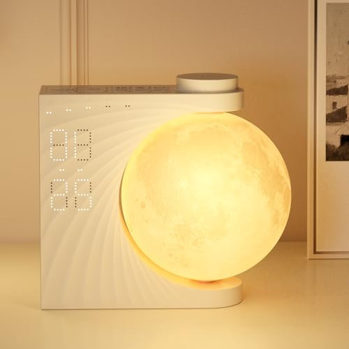 INSSISAIN Reloj despertador y máquina de sonido con luz de luna para personas que duermen mucho, adultos, alarma dual, función de repetición, luz para despertar, 10 sonidos de la naturaleza, 8 colores
