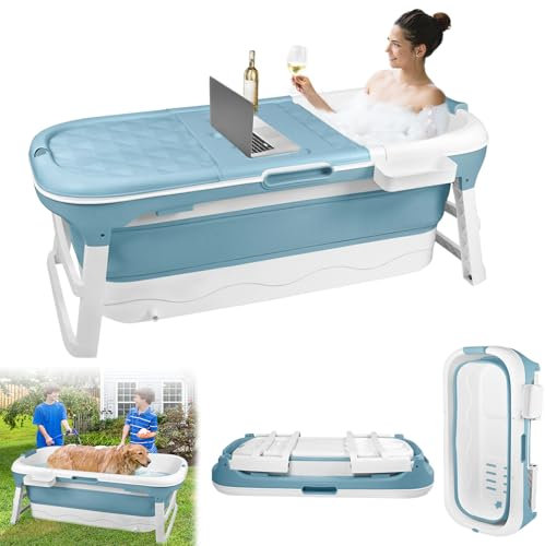 XINZI Faltbare Badewanne Erwachsene 128x62x52 cm, Faltbadewanne Erwachsene Klappbadewanne mit Abdeckung, Massagerollen & Seifenkorb, Mobile Badewanne Badewanne Klappbar für Kleine Badezimmer und SPA