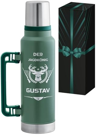 Personalisierte Thermosflasche 1400 ml mit Griff - auslaufsichere Edelstahl Trinkflasche mit Trinkbecher - Geburtstagsgeschenk für Männer - personalisierte Geschenke für Männer - Grün - Maverton