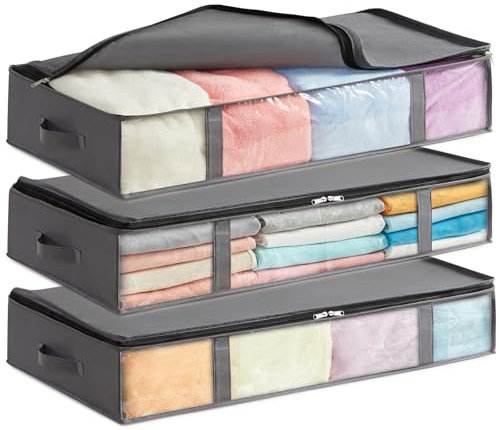 Lifewit 75L Unterbett-Aufbewahrungsbehälter, 3er-Pack, faltbare Kleideraufbewahrungsbeutel mit klarem Vorderfenster, Kleiderschrank-Organizer und Aufbewahrung für Handtücher, Kleidung, Decken, Grau