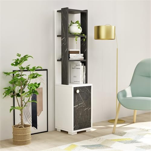 Hanah Home Elegant Bookshelf, White & Black Marble, 29.6 x 134.6 x 21.6 cm | 100% Melamine Coated Particle Board, 18 mm Thick | Stylish Storage for Modern Spaces