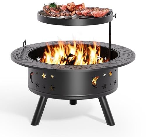 Xbro Braciere da Giardino Ø89 cm con Griglia Girevole e Gancio, Braciere Esterno per Barbecue, Riscaldamento, Campeggio e Terrazza, Nero