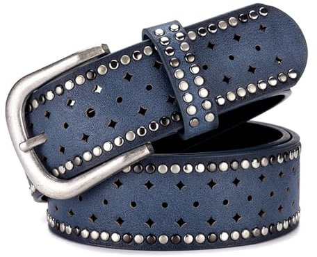 Jalach Damen Nieten Gürtel mit Stern Loch, breiter Ledergürtel, kürzbar Jeansgürtel, Leder Nietengürtel Glitzergürtel (Dunkelblau)