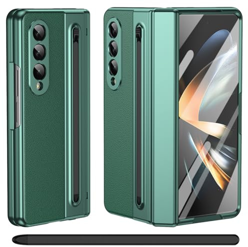 pour Galaxy Z Fold 3 Coque avec Stylet, Protection Charnière + Support S Pen + Protecteur d'écran en Verre Trempé, Housse en Cuir pour Samsung Galaxy Z Fold3-Vert