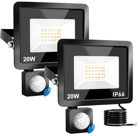 MKKM Led Strahler Mit Bewegungsmelder 20W 2 Stück LED Fluter,IP66 wasserdicht 2200LM Außenstrahler 6000K Kaltweiß Scheinwerfer, ideal für Garten Lagerhaus Spielplatz Haus Hof