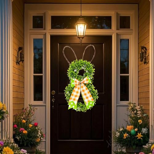 Türkranz Ostern Kranz Deko, Türkranz Frühling aus Künstlichen Osterei und Pflanzen, Osterdeko zum Aufhängen, Türkranz Hase mit Schleife und Blume, Osterhase Kranz für Tür Wand Deko Frühlingsdeko (B)