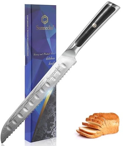 Sunnecko Bread Knife for Homemade Bread, Serrated Knife 8 Inch 73 Layers with Japanese Damascus VG-10 Steel Core and Full Tang G10 Handle