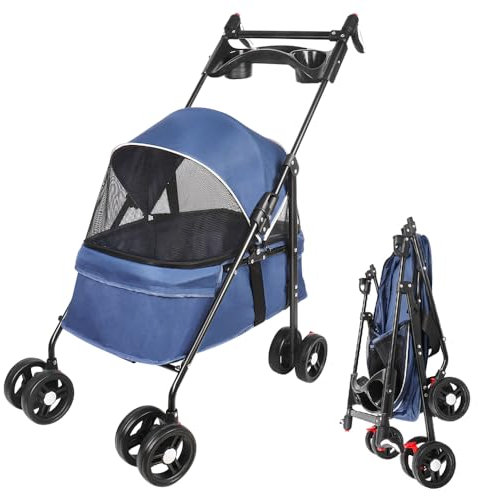 Poussette pliable pour chiens et chats 3 en 1 – Capacité max. 20 kg – en Acier et EVA – avec Sac de transport amovible – Buggy Chariot pour petits animaux jusqu'à 20 kg,50 * 70 * 95cm -Bleu
