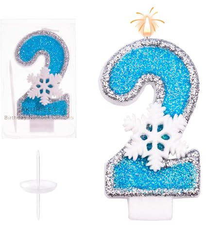 AKURIEEY 2nd Blue Snowflake Birthday Candles Frozen Themed Number 2 Candles for Cake Topper Cupcake Decorations Party Decor Anniversary Celebrations Supplies
