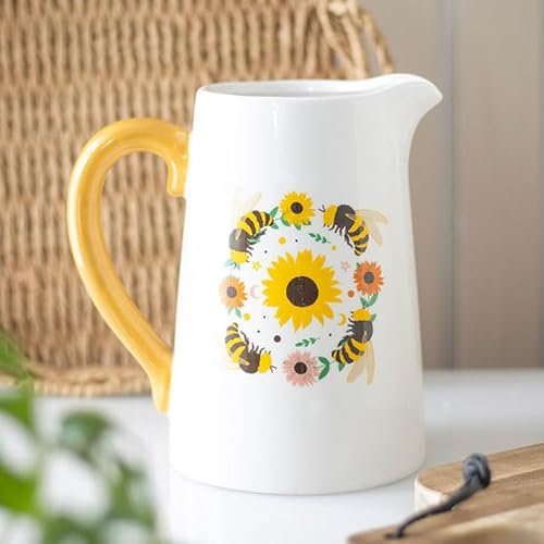 Summer Bee and Sunflower Ceramic Flower Jug – Charming Sunflower & Bee Design – Vibrant Yellow Handle – Ideal for Flower Displays and Home Decor