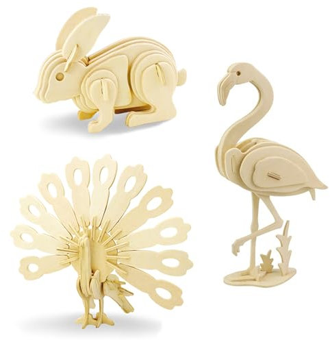 Georgie Porgy Hölzerne 3D Puzzle Sammlung Modell Kit Baukasten Holzhandwerk Kinder Puzzle Pädagogisches Spielzeug DIY Geschenk Packung 3 (Flamingo Kaninchen Pfau)