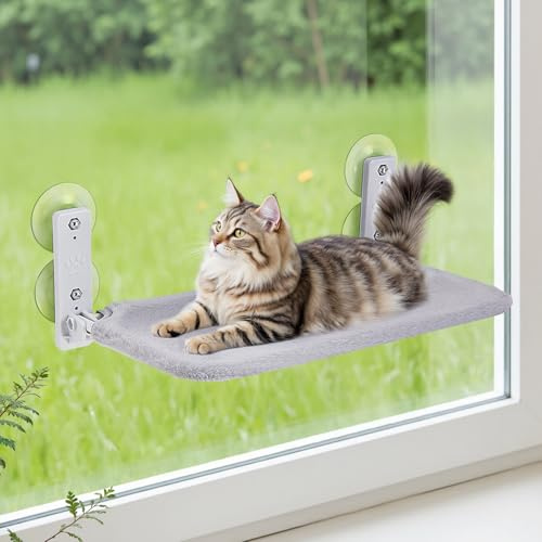 The Fellie Cat Window Bed, Foldable Cat Window Hammock, 60x30cm Sturdy Cats Bed Perch, Breathable Fabric Cats Hammock for Sunbathing, Holds up to 18kg, Grey