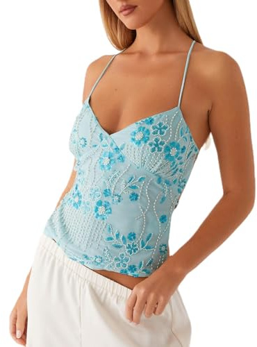 Kvinnor Y2K paljett cami topp v-hals kors remmar linne söt gnistrande rygglösa magtoppar sexig ärmlös spagettirem toppar mode paljett topp