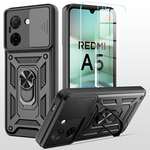 MQERYBV hülle für Xiaomi Redmi A5 Handyhülle Kameraschutz Slide Camera mit Glasfolie Schutzfolie, 360 Grad Drehbar Metall Ring Fallschutz Handy Hüllen Outdoor Schutzhülle Cover，Schwarz