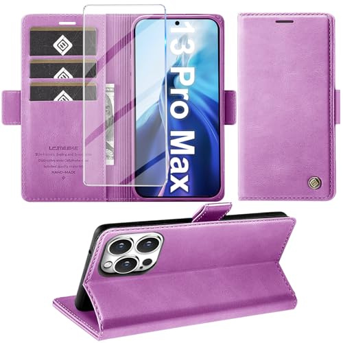 Giyer Cover per iPhone 13 Pro Max Custodia con Vetro Temperato, Premium PU Portafoglio Slot per Scheda RFID Antifurto Funzione Supporto Flip Case, Antiurto per iPhone 13 Pro Max 5G Cover (Viola)