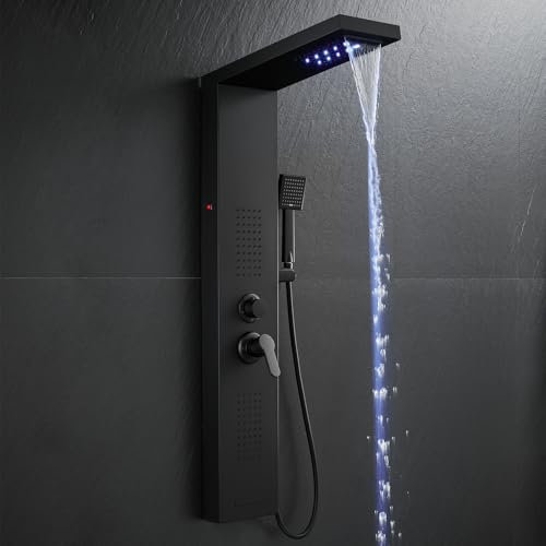 ROVOGO Panneau de Douche Entièrement Noir LED, 5 Modes avec Mitigeur - Cascade/Pluie/Jets de Massage/Douchette à Main/Bec de Baignoire, Colonne de Douche Hydromassante Acier Inoxydable, Montage Mural
