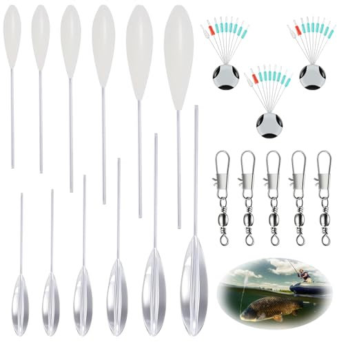 Fhioevt 20 Stück Angelzubehör Sbirolino Set 6 Spirolino Sinkend 6 Sbirolino Schwimmend (6g 8g 10g 12g 15g 20g) 5 Dreifachwirbel & 3 Schnurstopper Angeln (S) für Seichter & Grund Fische