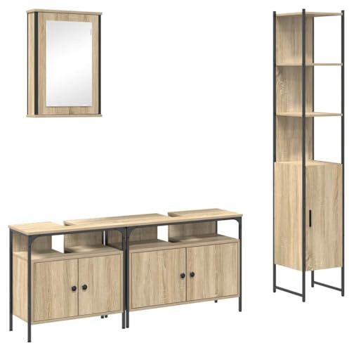 vidaXL Bathroom Furniture Set 4 pcs Sonoma oak 33 x 33 x 185.5 cm, Rustic Bathroom Furniture Set, Durable Wall-Mounted Cabinet, Storage Solution, Plane Mirror, Textured Shelving Unit
