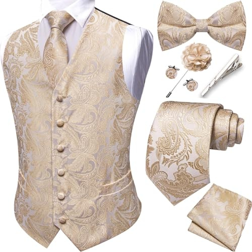 Barry.Wang Men's Champagne Waistcoat Tie Bowtie Set Hanky Cufflinks Clip
