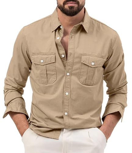 Men's Long Sleeve Safari Shirt - Casual Loose Fit, Tactical Cargo Style, Lightweight Fabric, Button Down Closure, Great for Hiking & Travel