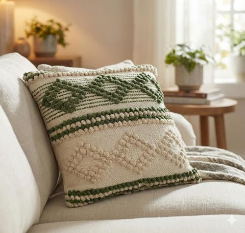 TreeWool Baumwoll-Kissenbezug im Boho-Stil, Gewebt, für Sofa & Wohnzimmer (45 x 45 cm, Grün und Naturcreme, 1 Stück) – ohne Füllung