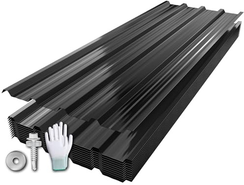 Suusolny 12er Profilblech mit Handschuhe & Schraube Verzinkter Stahl Trapezblech Dachblech mit Struktur 129x45cm = 7 m² Dachplatten Wetterfest Rostresistent Wellblech für Gerätehaus Carport - Schwarz