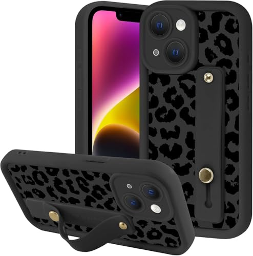 Yoedge Aesthetic Black Leopard Print Phone Case for iPhone 16 with Flexible Adjustable Soft Finger Hand Wrist Strap Holder Kickstand Silicone Shockproof Protection Funda for iPhone 16 6.1 Inch