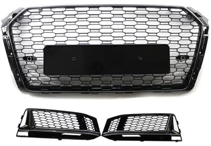 Kühlergrill Wabenoptik für Audi A4 B9 S-Line 2017–2019, Frontgrill R-Design ohne Logo, Stoßstange unten, ABS Kunststoff, Hochglanz Schwarz, Sportlicher Look Ersatzgrill