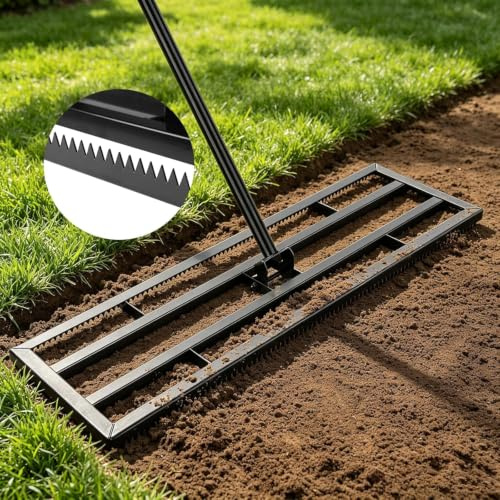 Râteau Nivellement Gazon 81x25cm Rateau de Nivellement de Pelouse avec 199cm Poignée Réglable et Surface Dentelée Raclette de Gazon Niveleur pour Jardin, Golf, Aménagement Extérieur