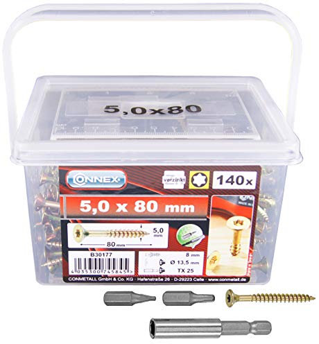 Connex Universalschrauben 5,0 x 80 mm - 140 Stück im Set - Senkkopf - TX-Antrieb - Teilgewinde - Gelb verzinkt - Inkl. Magnethalter & 2 Bits / Schrauben-Set / Schrauben-Eimer / B30177, Silber