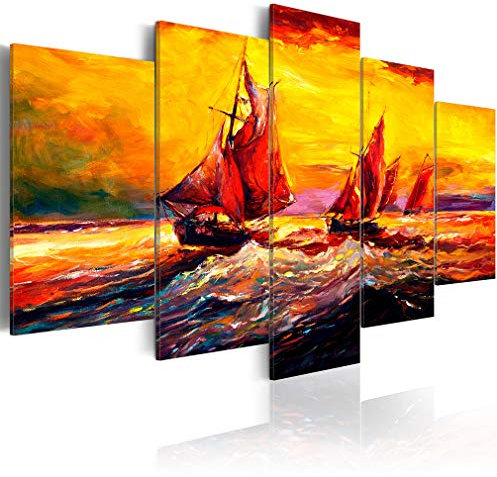 decomonkey Bilder Meer Abstrakt 200x100 cm XXL 5 Teilig Leinwandbilder Bild auf Leinwand Wandbild Kunstdruck Wanddeko Wand Wohnzimmer Wanddekoration Deko Schiff wie gemalt