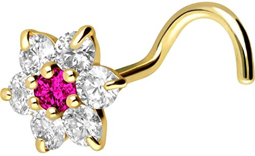 PIERCINGLINE 18 Karat Gold Nasenpiercing Spirale MOISSANIT BLUME Piercing Nase Stecker Gelbgold Hellrosa