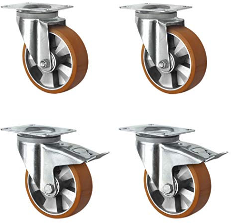 CASCOO SETSHTH160BAU5D0N Rollensatz 2 Lenkrollen-, 2 mit Feststeller, Aluminiumfelge, Polyurethan, Durchmesser 160 mm, Schwerlast, Doppelkugellager, Traglast 1500 kg (4-er Pack)