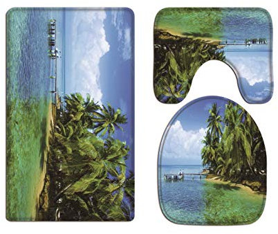 A.Monamour Badezimmer Badematte 3 Teilig Set Holz Pier Blau Ozean Meer Tropen Insel Palmen Strand Natur Landschaft Teppich Für Flanell Saugfähig Badteppiche Badvorleger Badgarnitur WC Vorleger