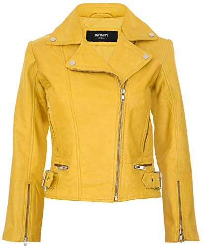Ladies Leather Jacket Classic Biker Style Yellow Real Leather Womens Jacket M