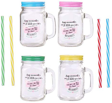 Jarras de Cristal con Caña FrasesMOMENTOS ESPECIALES Colores Surtidos (Precio Unitario) - Jarras Frases para Detalles Bodas y Comuniones