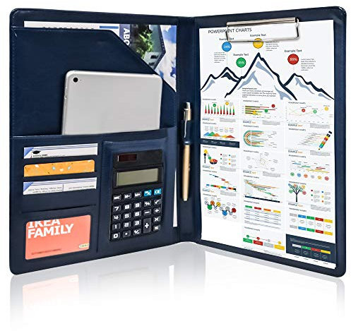 GraduationMall Schreibmappe A4 mit Klemmbrett, Aktenmappe Leder, Business Dokumentenmappe Konferenzmappe Portfolio Organizer Blau