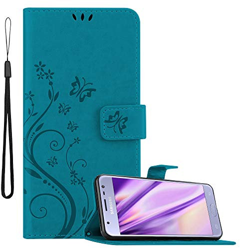 cadorabo Coque pour Samsung Galaxy J3 2017 en Bleu Floral – Housse Protection en Design de Fleur -Magnétique, Stand Horizontal et 3 Fentes Cartes - Portefeuille Etui Poche Folio Case Cover
