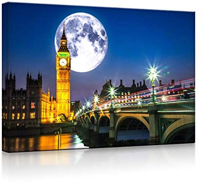 lightbox multicolor | Beleuchtetes Wandbild | Big Ben vor großen Mond in London | 80x60 cm | Fully Lighted