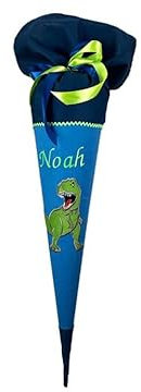 Glückspilz Schultüte mit Namen personalisiert, Dinosaurier, Zuckertüte aus Stoff, Blau
