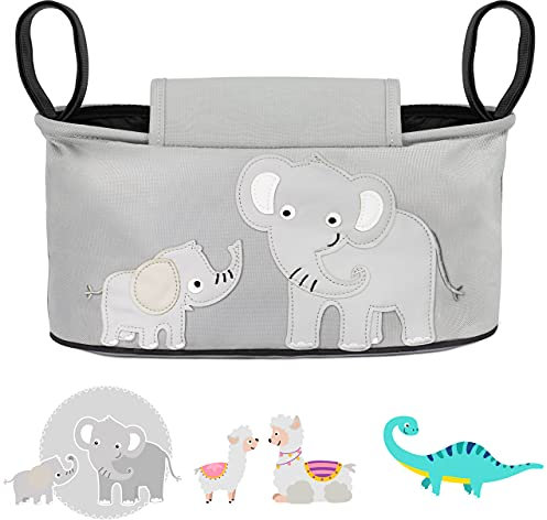 GLÜCKSWOLKE Kinderwagen Organizer - 12 Motive, Kinderwagentasche verschließbar, Kinder Buggy Tasche mit Feuchttuchspender, Aufbewahrungstasche - Pushchair Pram Baby Organiser (Emil Elefant, Grau)