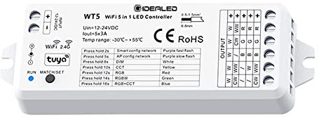 Smart Wireless 5 in 1 WiFi RGBWW LED Controller, funktioniert mit Alexa/Google Assistant, APP/Sprachsteuerung, RGBCCT, RGBW, CCT und 5 weiße Lichtstreifen, Farbwechsel-Dimmen (nur WT5 LED-Controller)